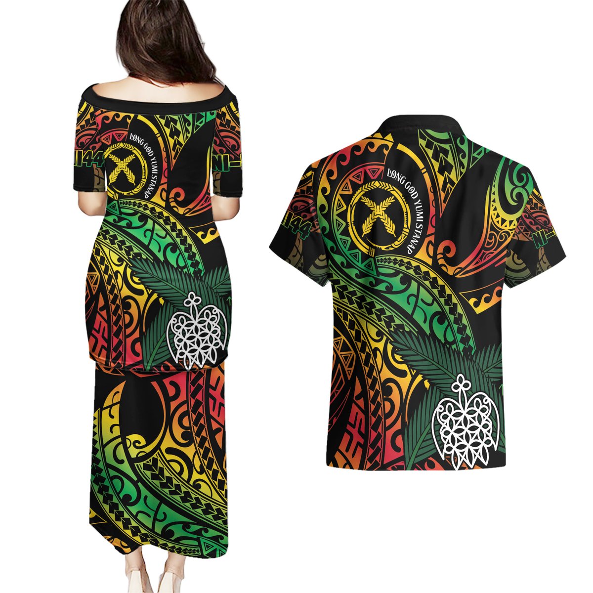 Vanuatu Indipendens Dei Couples Matching Puletasi and Hawaiian Shirt Mix Traditional Sand Drawing