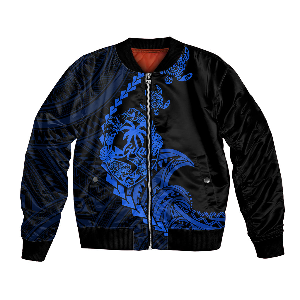 Personalised Guam Bomber Jacket Tribal Turtles Curves Style - Blue LT7 Unisex Blue - Polynesian Pride
