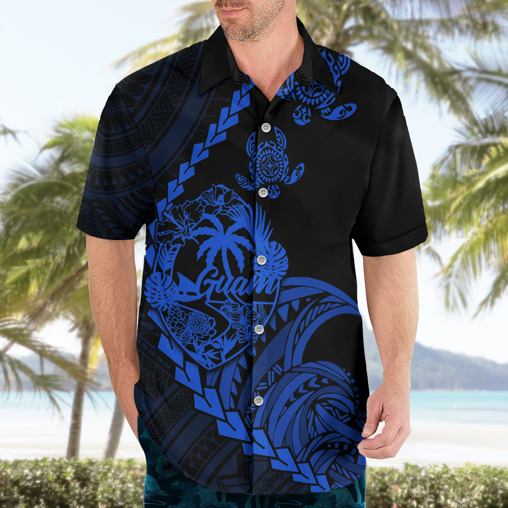 Personalised Guam Hawaiian Shirt Tribal Turtles Curves Style - Blue LT7 - Polynesian Pride