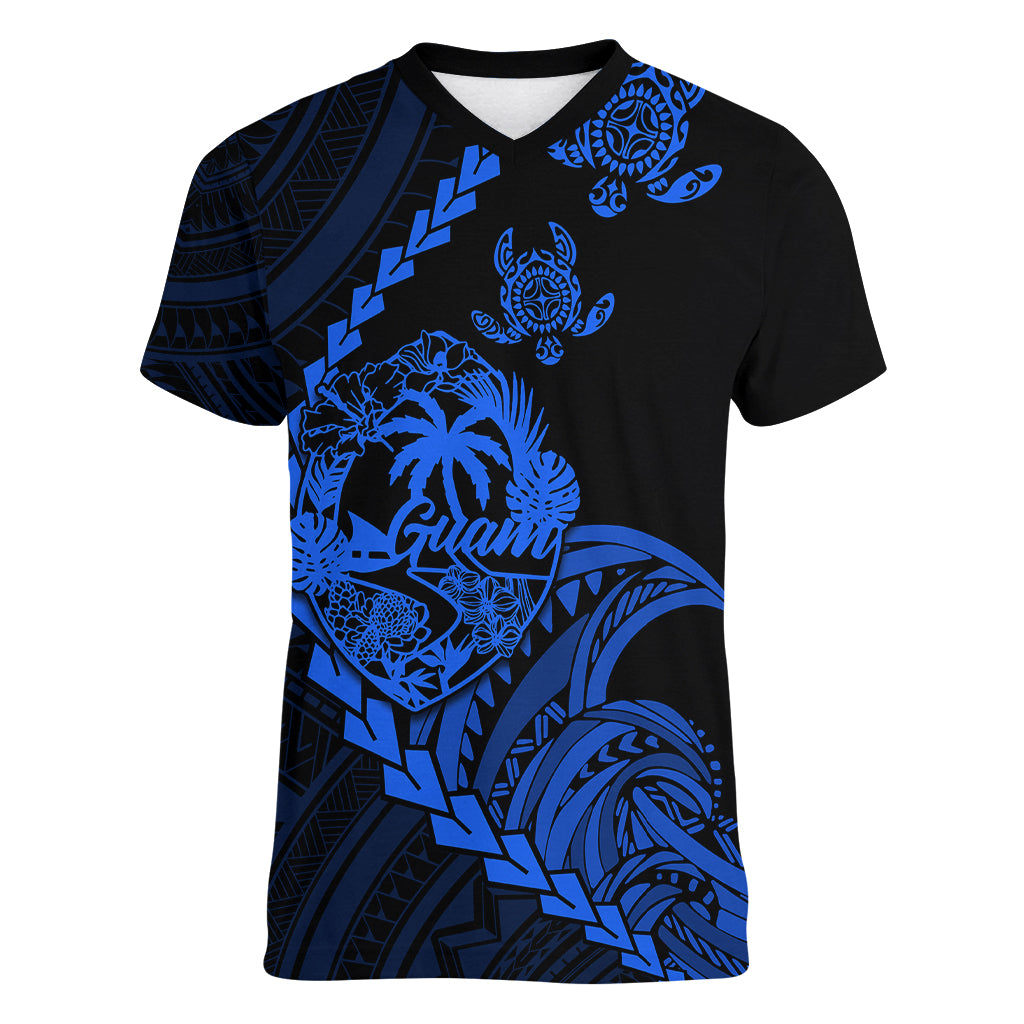 Personalised Guam Women V Neck T Shirt Tribal Turtles Curves Style - Blue LT7 Female Blue - Polynesian Pride