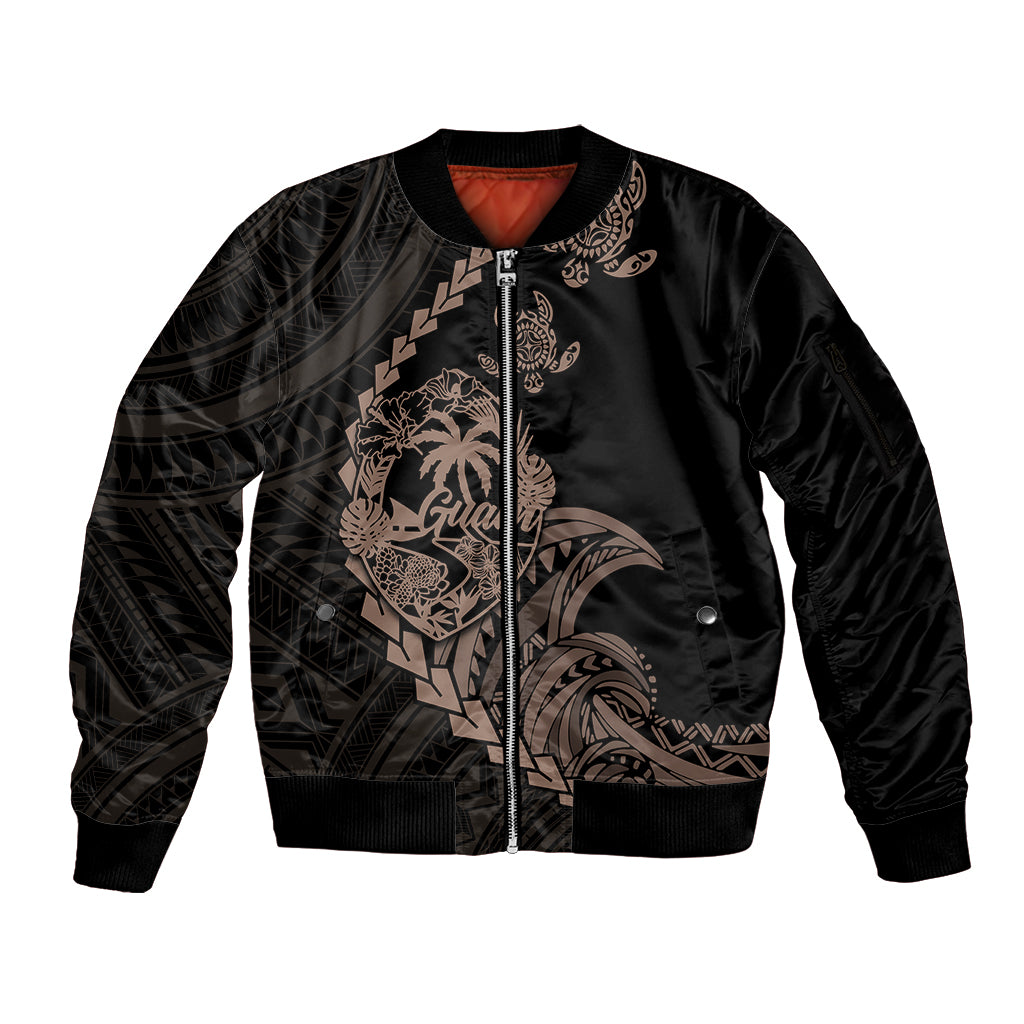 Personalised Guam Sleeve Zip Bomber Jacket Tribal Turtles Curves Style - Brown LT7 Unisex Brown - Polynesian Pride