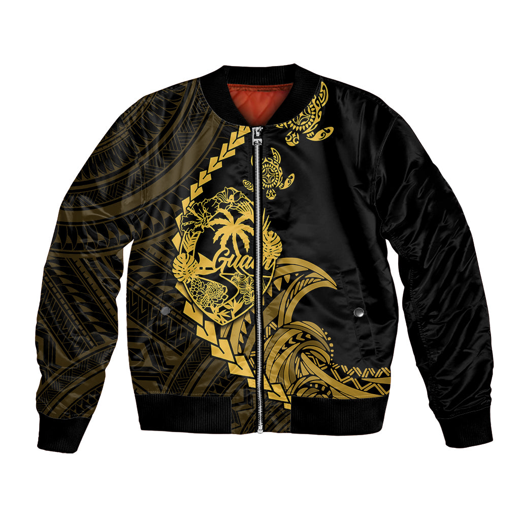 Personalised Guam Bomber Jacket Tribal Turtles Curves Style - Gold LT7 Unisex Gold - Polynesian Pride