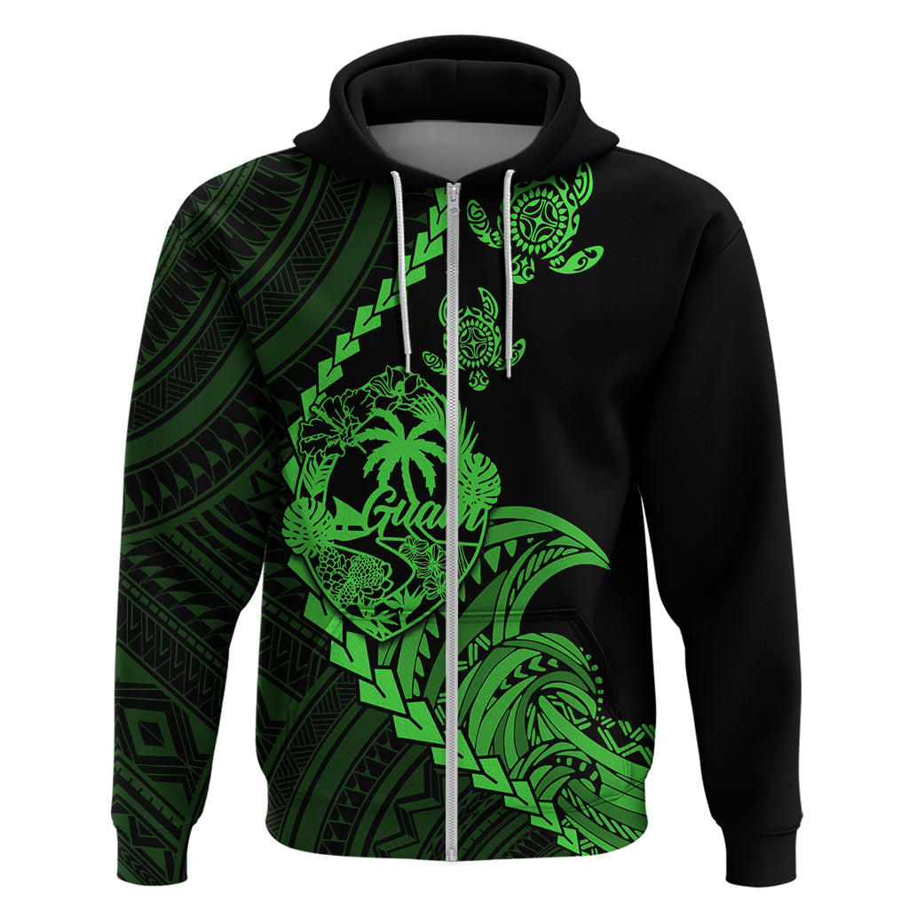 Custom Guam Hoodie Tribal Turtles Curves Style Green LT7 Zip Hoodie Green - Polynesian Pride