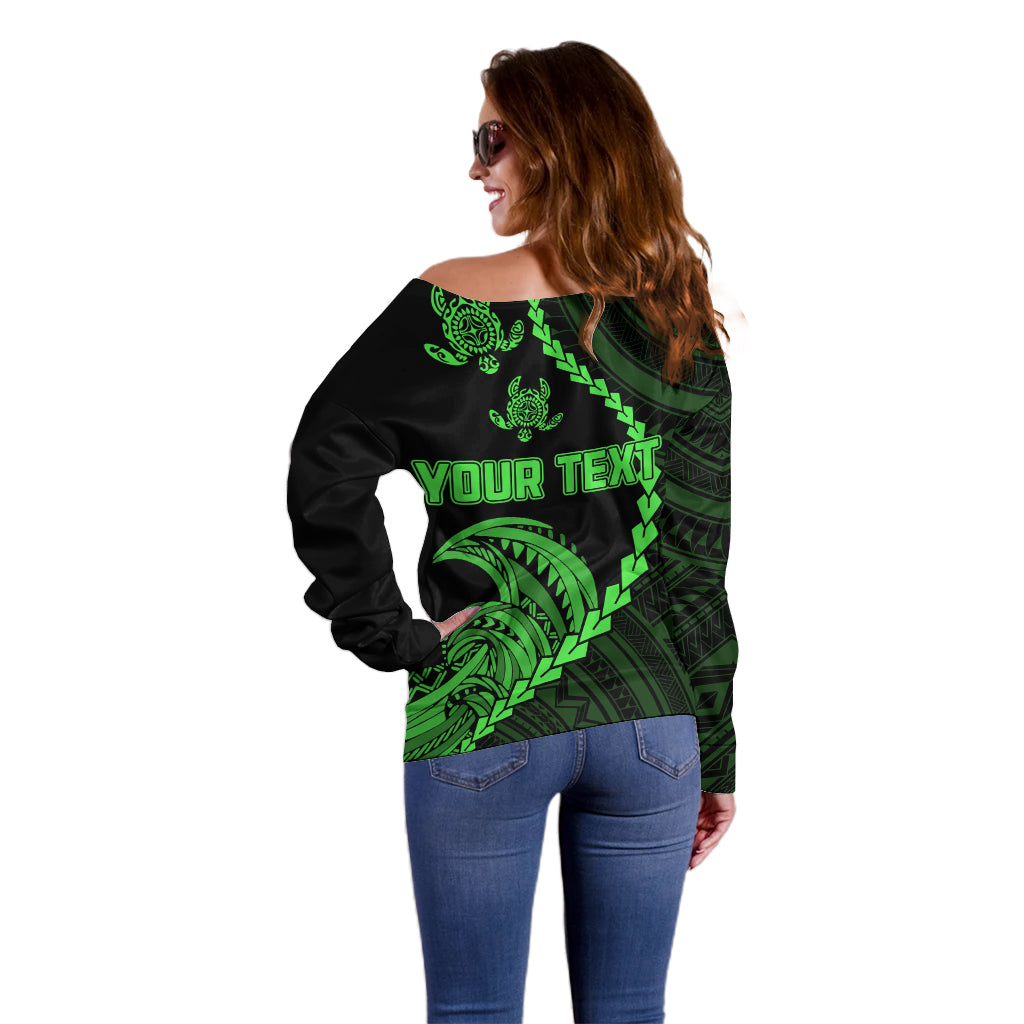 Personalised Guam Off Shoulder Sweater Tribal Turtles Curves Style - Green LT7 - Polynesian Pride