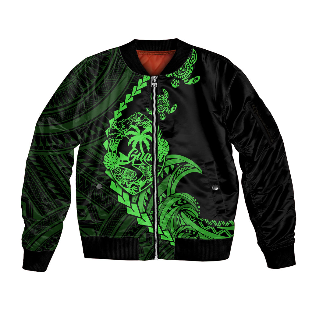 Personalised Guam Sleeve Zip Bomber Jacket Tribal Turtles Curves Style - Green LT7 Unisex Green - Polynesian Pride
