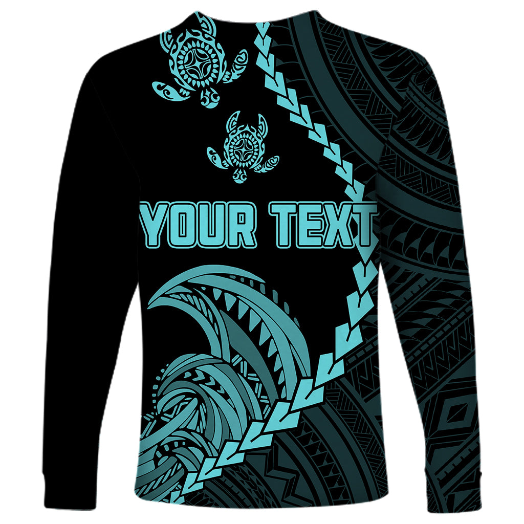 Personalised Guam Long Sleeve Shirt Tribal Turtles Curves Style - Turquoise LT7 - Polynesian Pride