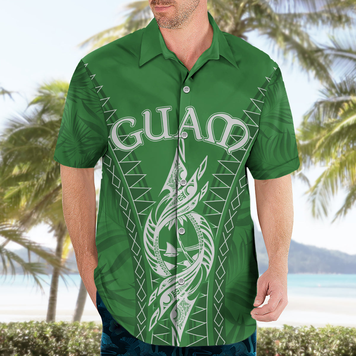 Personalised Guam Hawaiian Shirt Chamoro Latte Stone Mix Tropical - Green LT7 - Polynesian Pride