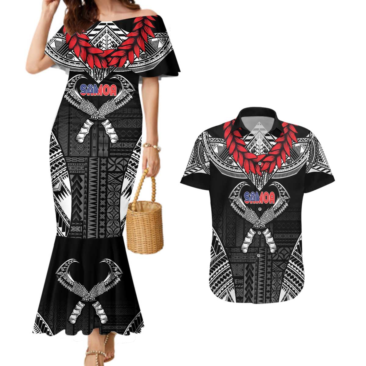 Personalized Talofa Samoa Couples Matching Mermaid Dress and Hawaiian Shirt Ulafala With Toa Nifo'oti - Black