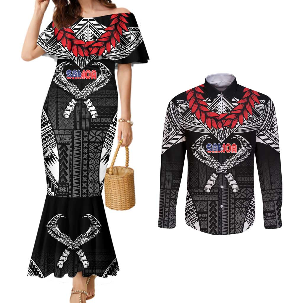 Personalized Talofa Samoa Couples Matching Mermaid Dress and Long Sleeve Button Shirt Ulafala With Toa Nifo'oti - Black