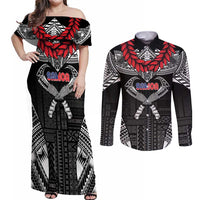 Personalized Talofa Samoa Couples Matching Off Shoulder Maxi Dress and Long Sleeve Button Shirt Ulafala With Toa Nifo'oti - Black LT7 Black - Polynesian Pride