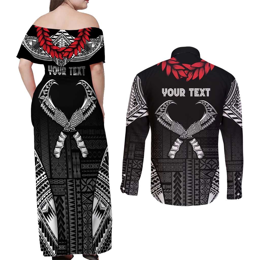 Personalized Talofa Samoa Couples Matching Off Shoulder Maxi Dress and Long Sleeve Button Shirt Ulafala With Toa Nifo'oti - Black LT7 - Polynesian Pride