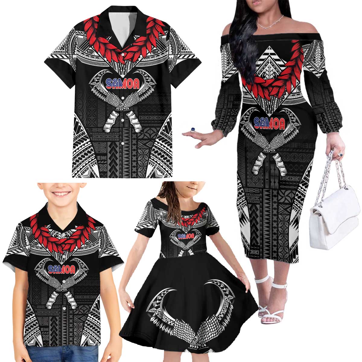 Personalized Talofa Samoa Family Matching Off The Shoulder Long Sleeve Dress and Hawaiian Shirt Ulafala With Toa Nifo'oti - Black