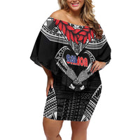Personalized Talofa Samoa Family Matching Off Shoulder Short Dress and Hawaiian Shirt Ulafala With Toa Nifo'oti - Black LT7 Mom's Dress Black - Polynesian Pride