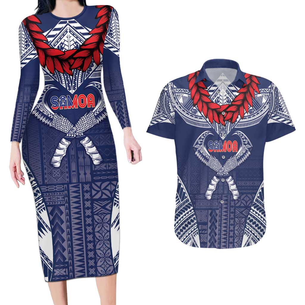 Personalized Talofa Samoa Couples Matching Long Sleeve Bodycon Dress and Hawaiian Shirt Ulafala With Toa Nifo'oti - Blue