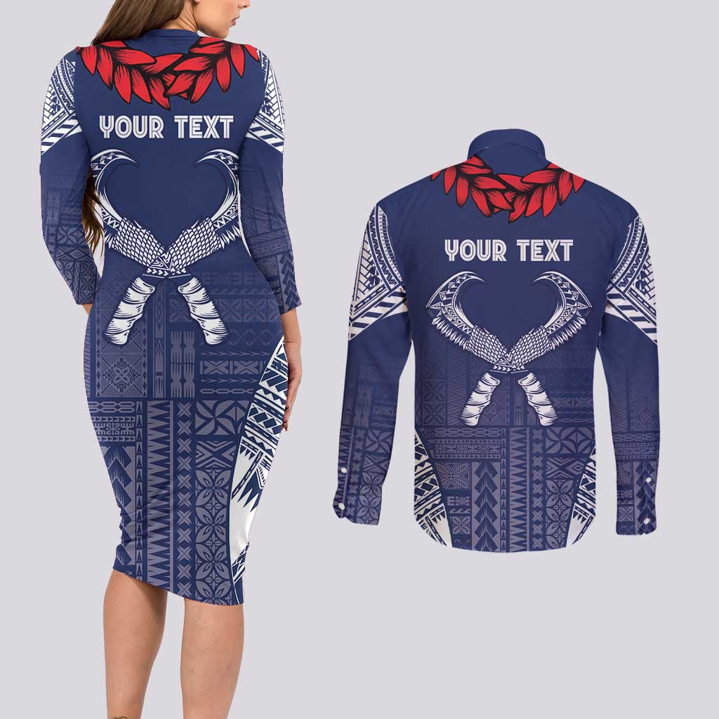 Personalized Talofa Samoa Couples Matching Long Sleeve Bodycon Dress and Long Sleeve Button Shirt Ulafala With Toa Nifo'oti - Blue
