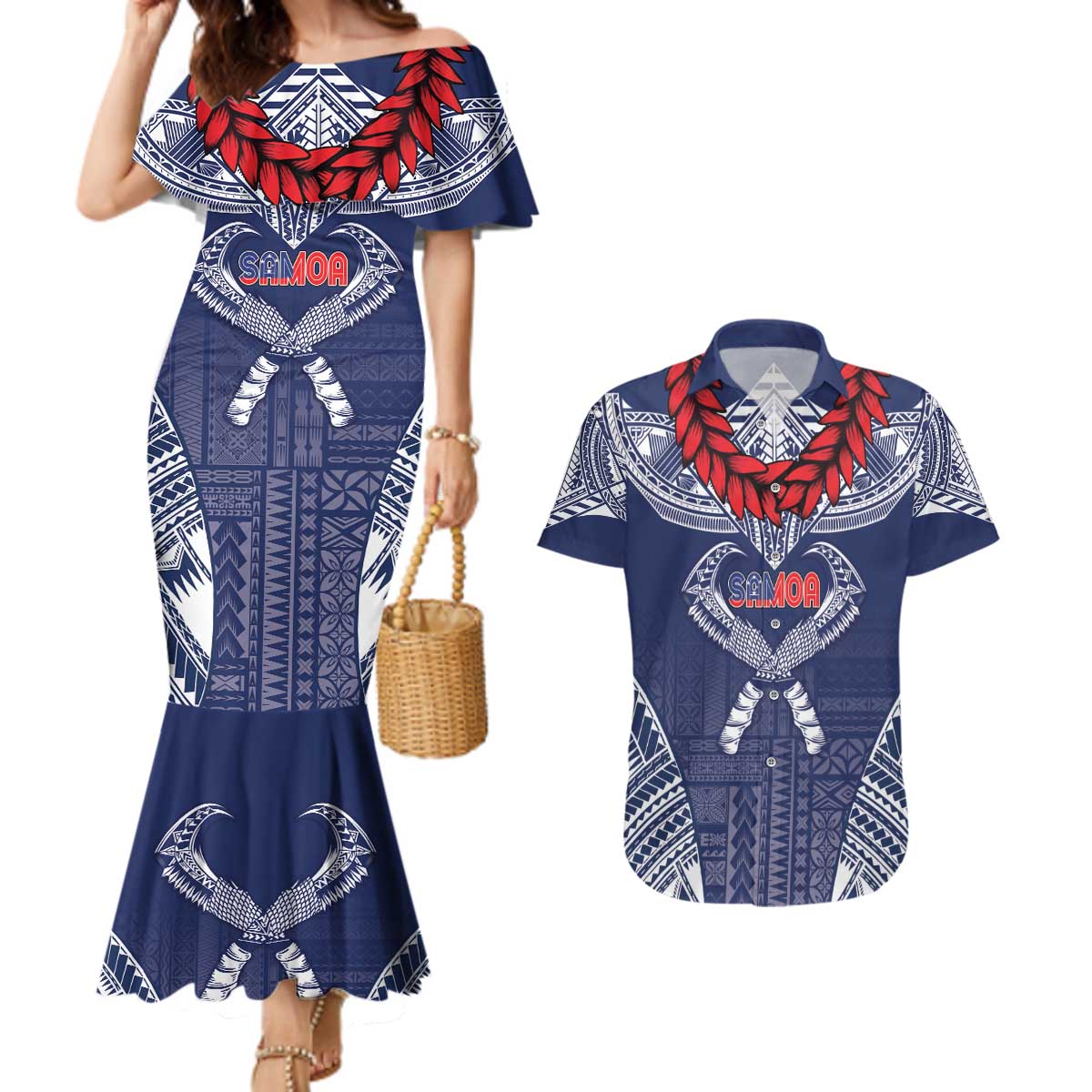 Personalized Talofa Samoa Couples Matching Mermaid Dress and Hawaiian Shirt Ulafala With Toa Nifo'oti - Blue