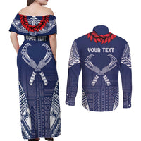 Personalized Talofa Samoa Couples Matching Off Shoulder Maxi Dress and Long Sleeve Button Shirt Ulafala With Toa Nifo'oti - Blue