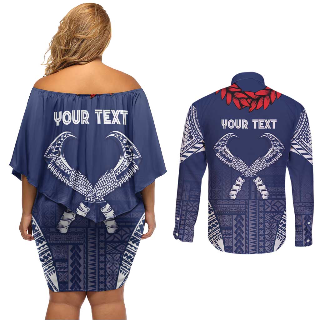Personalized Talofa Samoa Couples Matching Off Shoulder Short Dress and Long Sleeve Button Shirt Ulafala With Toa Nifo'oti - Blue