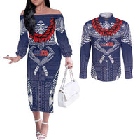 Personalized Talofa Samoa Couples Matching Off The Shoulder Long Sleeve Dress and Long Sleeve Button Shirt Ulafala With Toa Nifo'oti - Blue