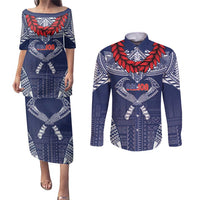 Personalized Talofa Samoa Couples Matching Puletasi and Long Sleeve Button Shirt Ulafala With Toa Nifo'oti - Blue