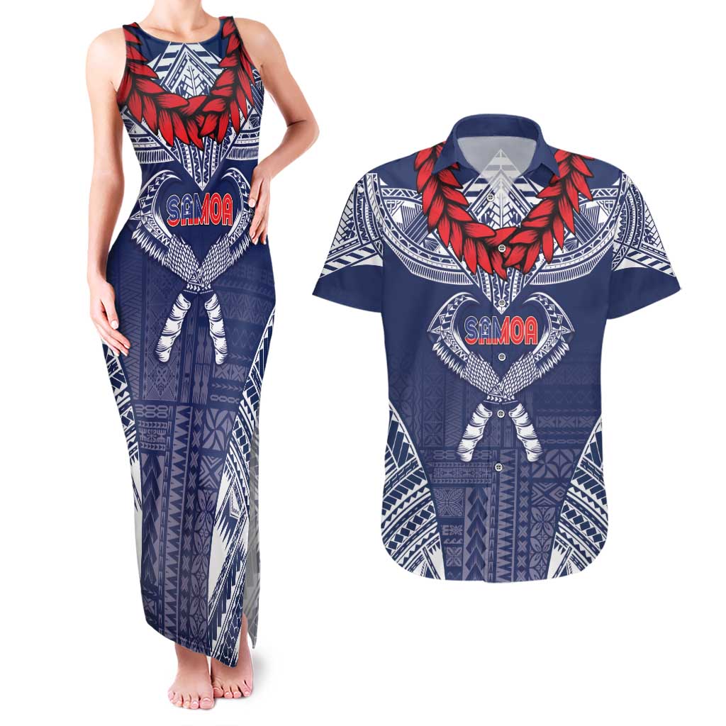 Personalized Talofa Samoa Couples Matching Tank Maxi Dress and Hawaiian Shirt Ulafala With Toa Nifo'oti - Blue LT7 Blue - Polynesian Pride