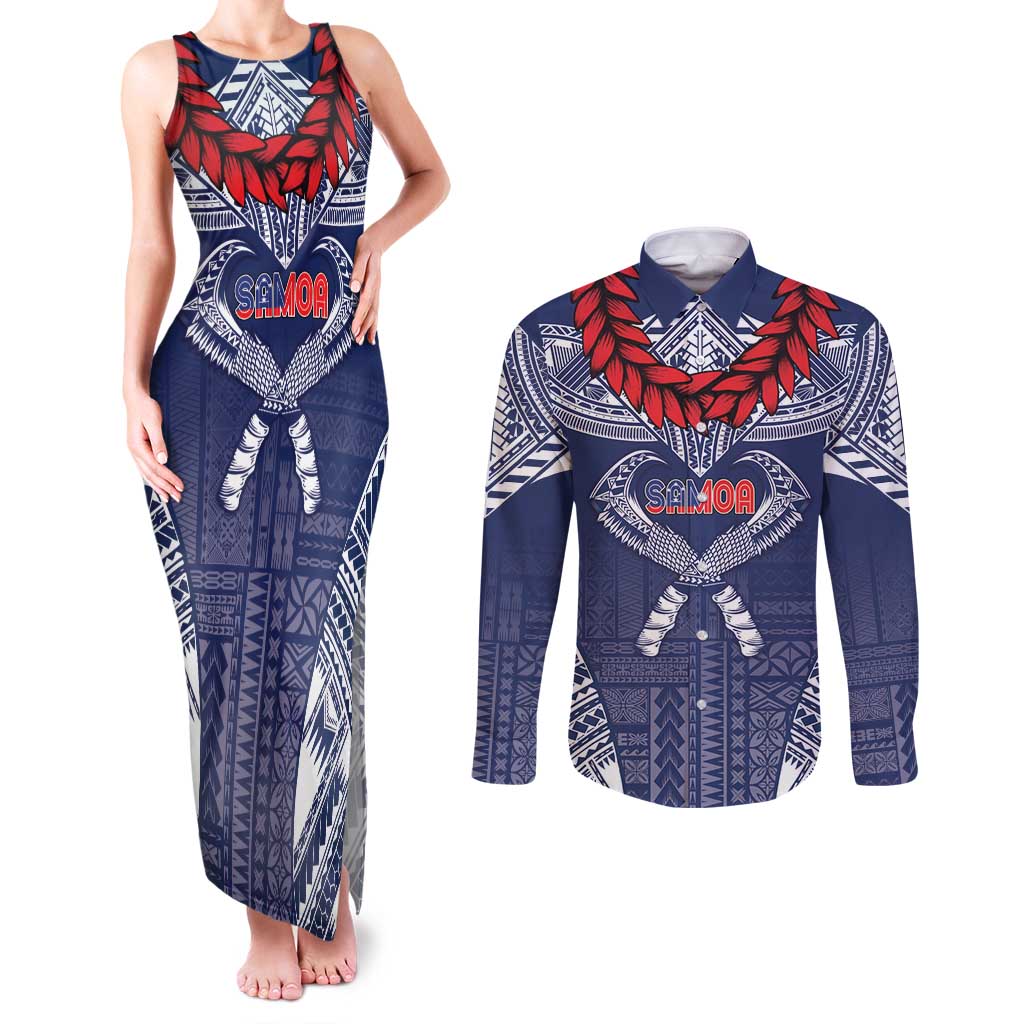 Personalized Talofa Samoa Couples Matching Tank Maxi Dress and Long Sleeve Button Shirt Ulafala With Toa Nifo'oti - Blue