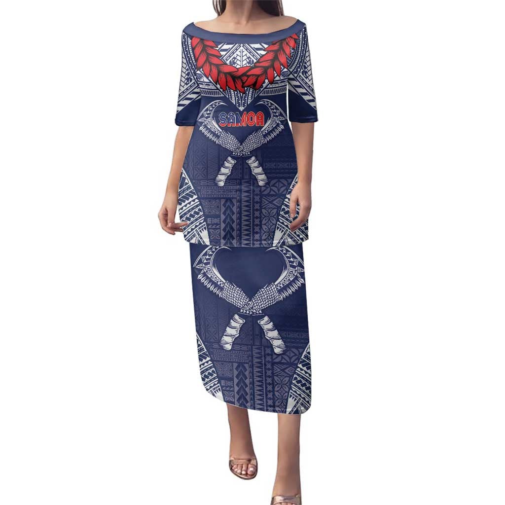Personalized Talofa Samoa Family Matching Puletasi and Hawaiian Shirt Ulafala With Toa Nifo'oti - Blue LT7 Mom's Dress Blue - Polynesian Pride