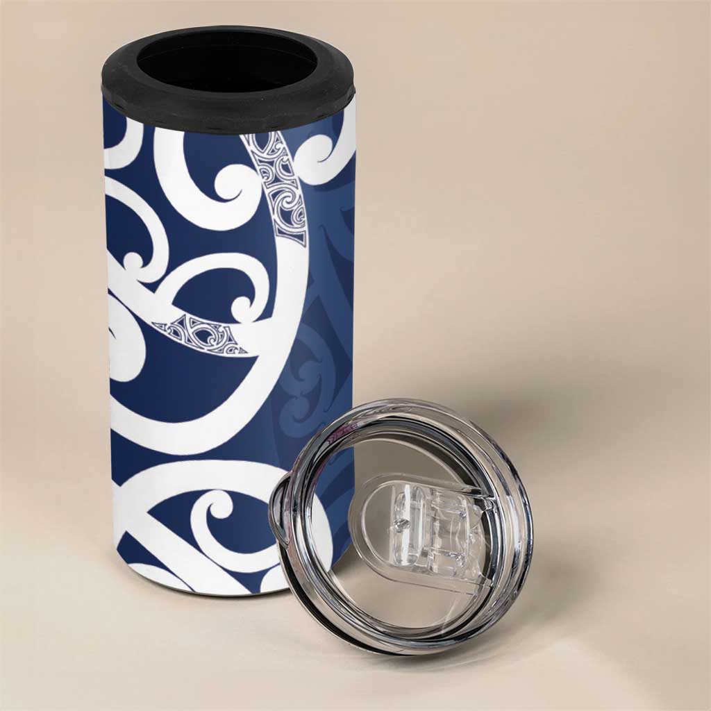 New Zealand Maori Mo Bros 4 in 1 Can Cooler Tumbler Blue Ribbon With Koru Kowhaiwhai - Polynesian Pride