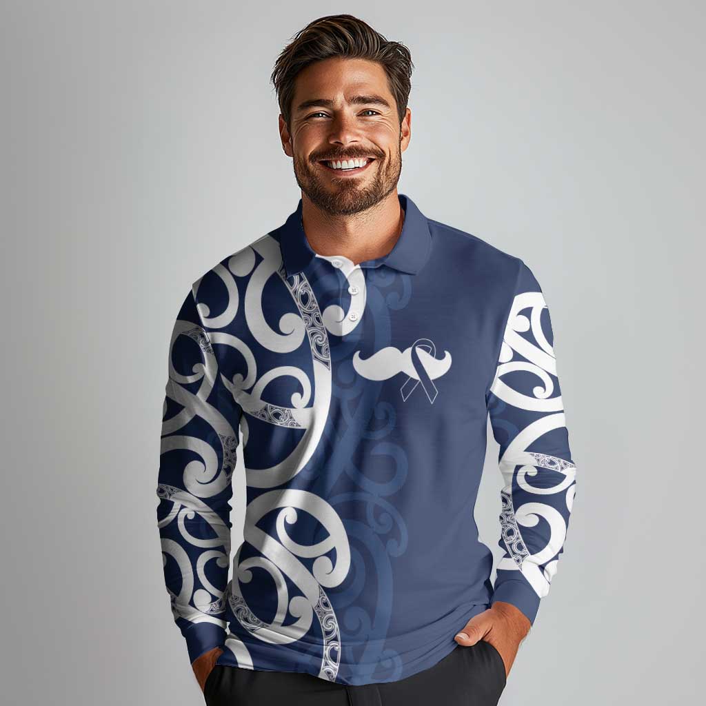 New Zealand Maori Mo Bros Long Sleeve Polo Shirt Blue Ribbon With Koru Kowhaiwhai - Polynesian Pride