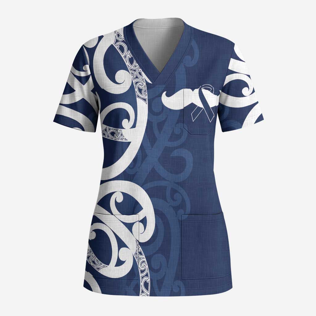 New Zealand Maori Mo Bros Scrub Top Blue Ribbon With Koru Kowhaiwhai - Polynesian Pride