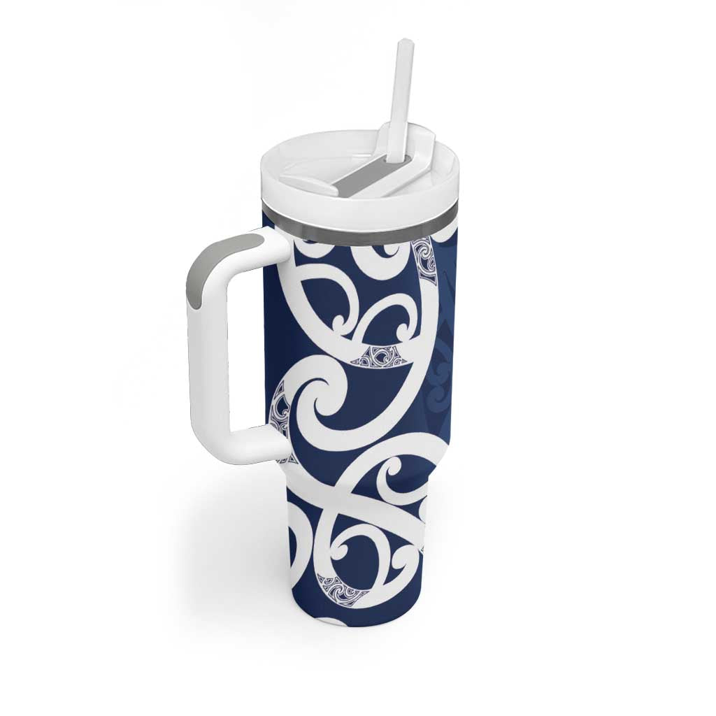 New Zealand Maori Mo Bros Tumbler With Handle Blue Ribbon With Koru Kowhaiwhai - Polynesian Pride