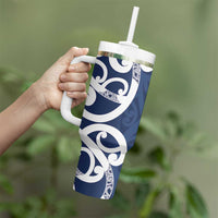 New Zealand Maori Mo Bros Tumbler With Handle Blue Ribbon With Koru Kowhaiwhai - Polynesian Pride