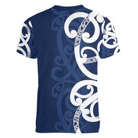 New Zealand Maori Mo Bros Women V-Neck T-Shirt Blue Ribbon With Koru Kowhaiwhai - Polynesian Pride