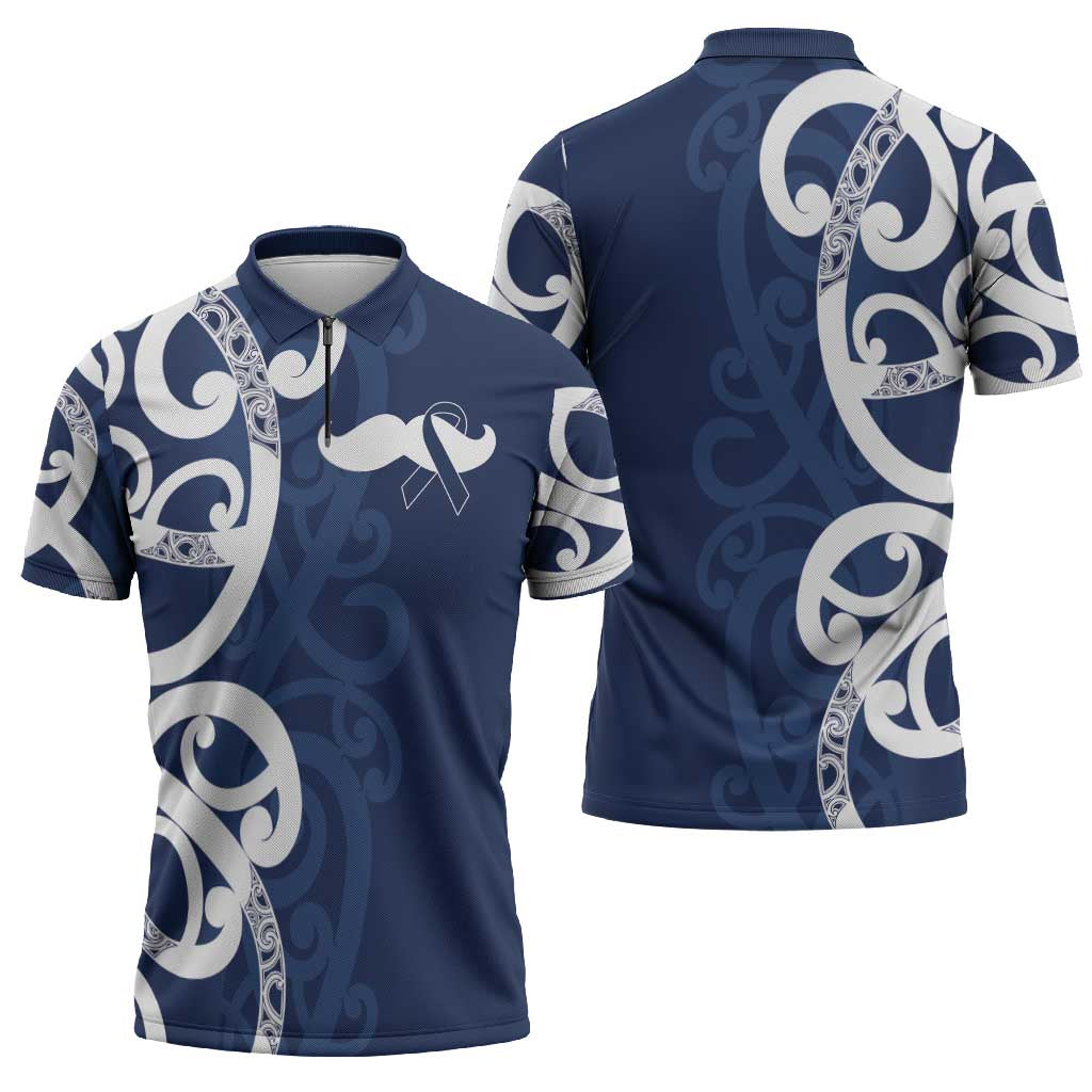 New Zealand Maori Mo Bros Zipper Polo Shirt Blue Ribbon With Koru Kowhaiwhai - Polynesian Pride