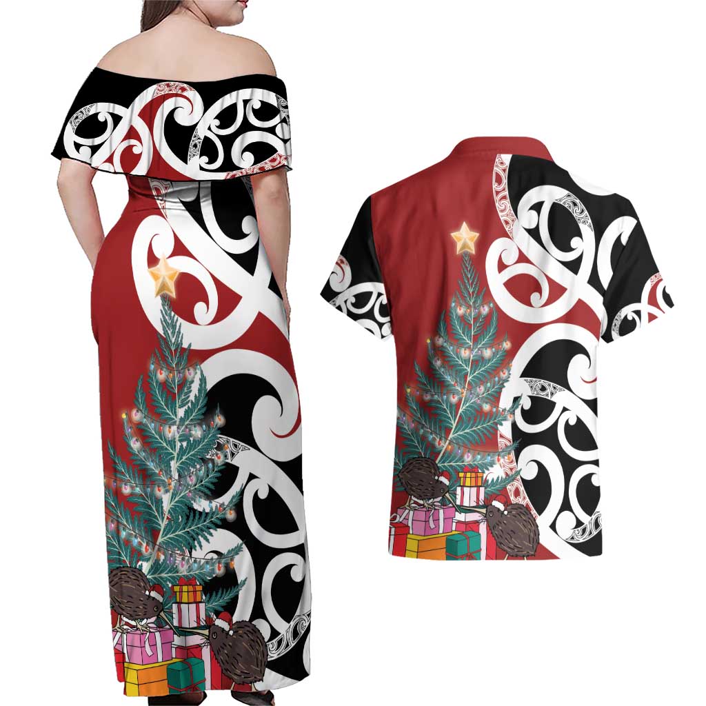 New Zealand Silver Fern Christmas Tree Couples Matching Off Shoulder Maxi Dress and Hawaiian Shirt Meri Kirihimete - Polynesian Pride