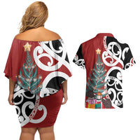 New Zealand Silver Fern Christmas Tree Couples Matching Off Shoulder Short Dress and Hawaiian Shirt Meri Kirihimete - Polynesian Pride