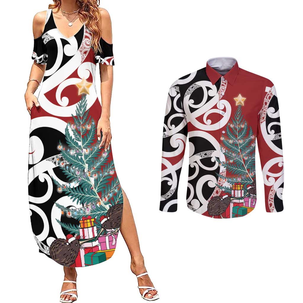 New Zealand Silver Fern Christmas Tree Couples Matching Summer Maxi Dress and Long Sleeve Button Shirt Meri Kirihimete - Polynesian Pride