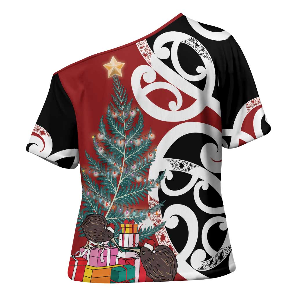 New Zealand Silver Fern Christmas Tree Cross Shoulder Shirt Meri Kirihimete - Polynesian Pride