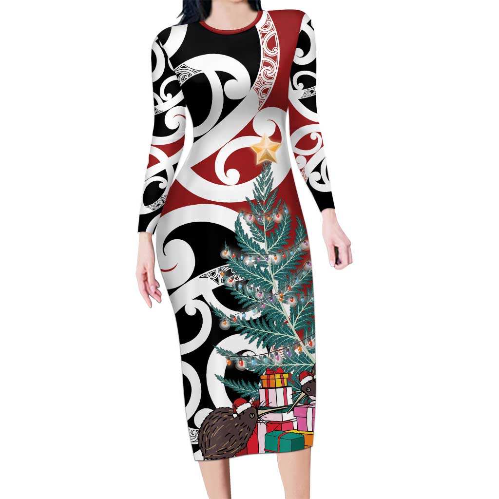 New Zealand Silver Fern Christmas Tree Long Sleeve Bodycon Dress Meri Kirihimete - Polynesian Pride