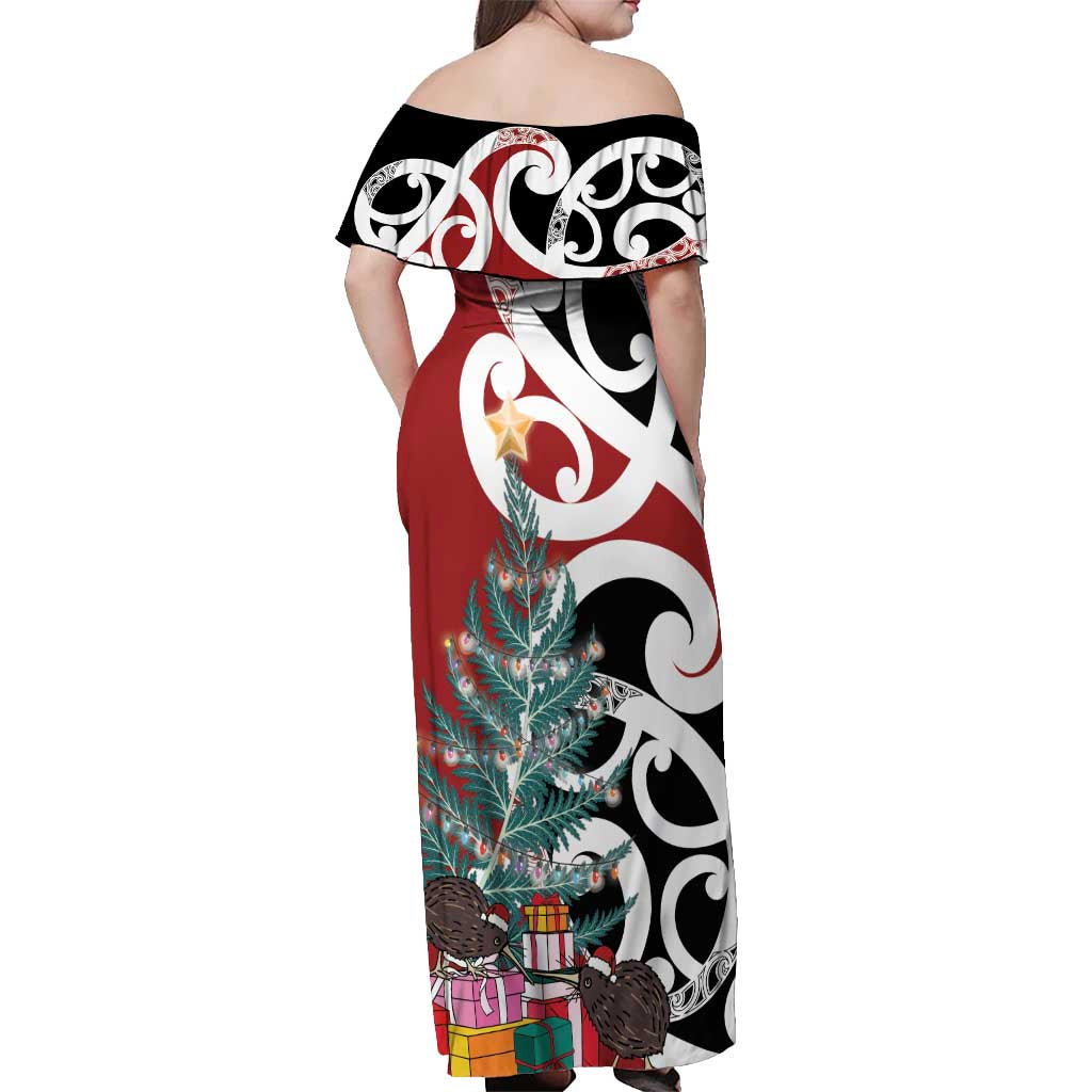 New Zealand Silver Fern Christmas Tree Off Shoulder Maxi Dress Meri Kirihimete - Polynesian Pride