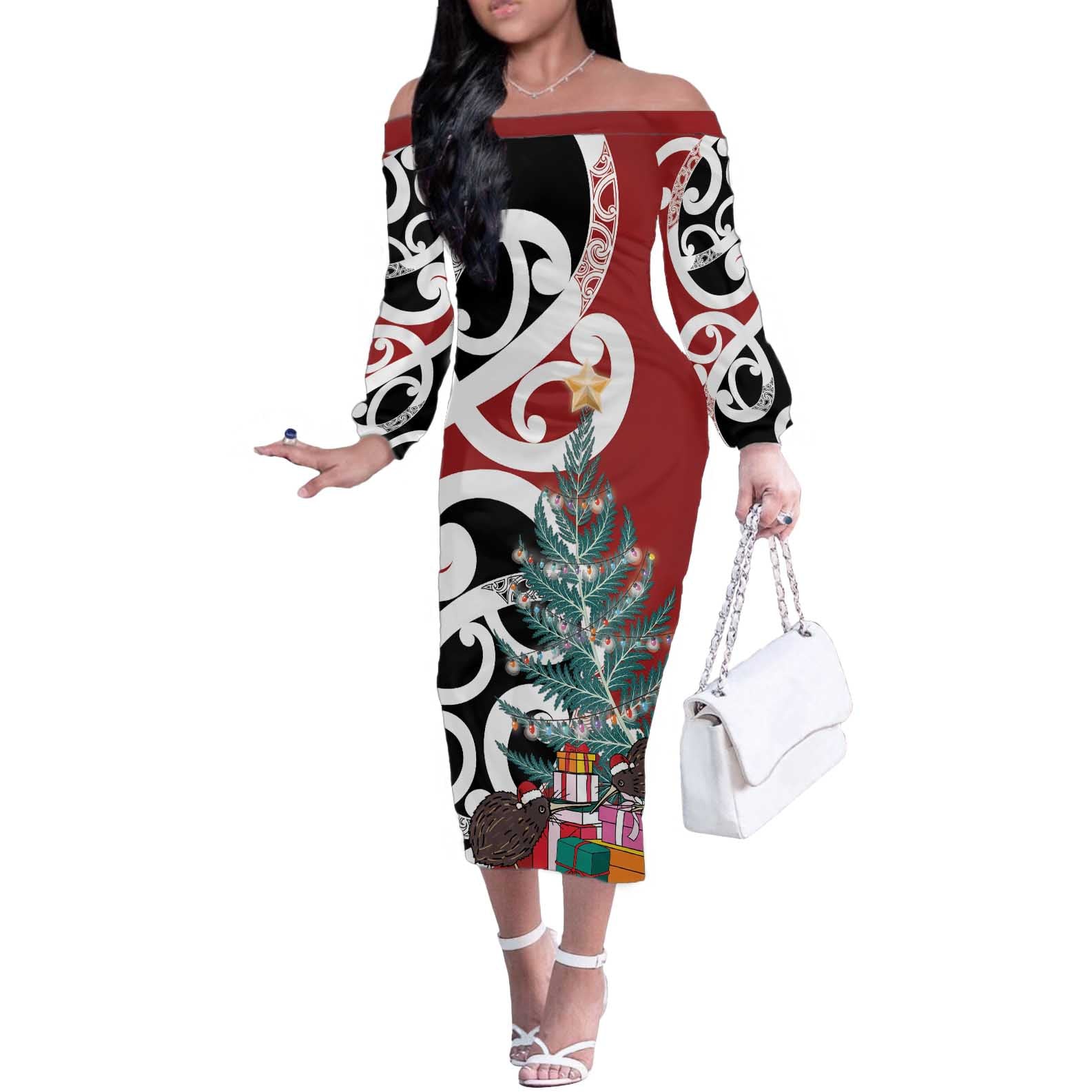 New Zealand Silver Fern Christmas Tree Off The Shoulder Long Sleeve Dress Meri Kirihimete - Polynesian Pride