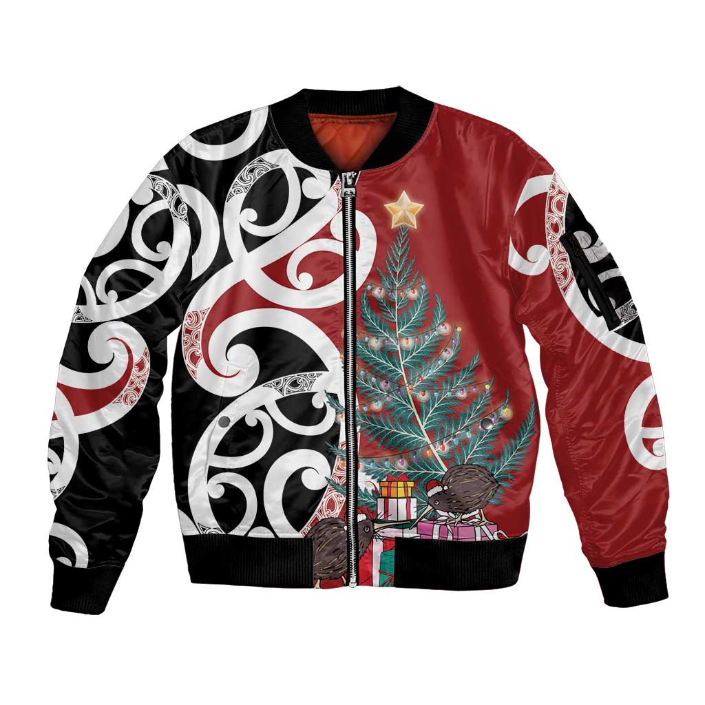 New Zealand Silver Fern Christmas Tree Sleeve Zip Bomber Jacket Meri Kirihimete - Polynesian Pride