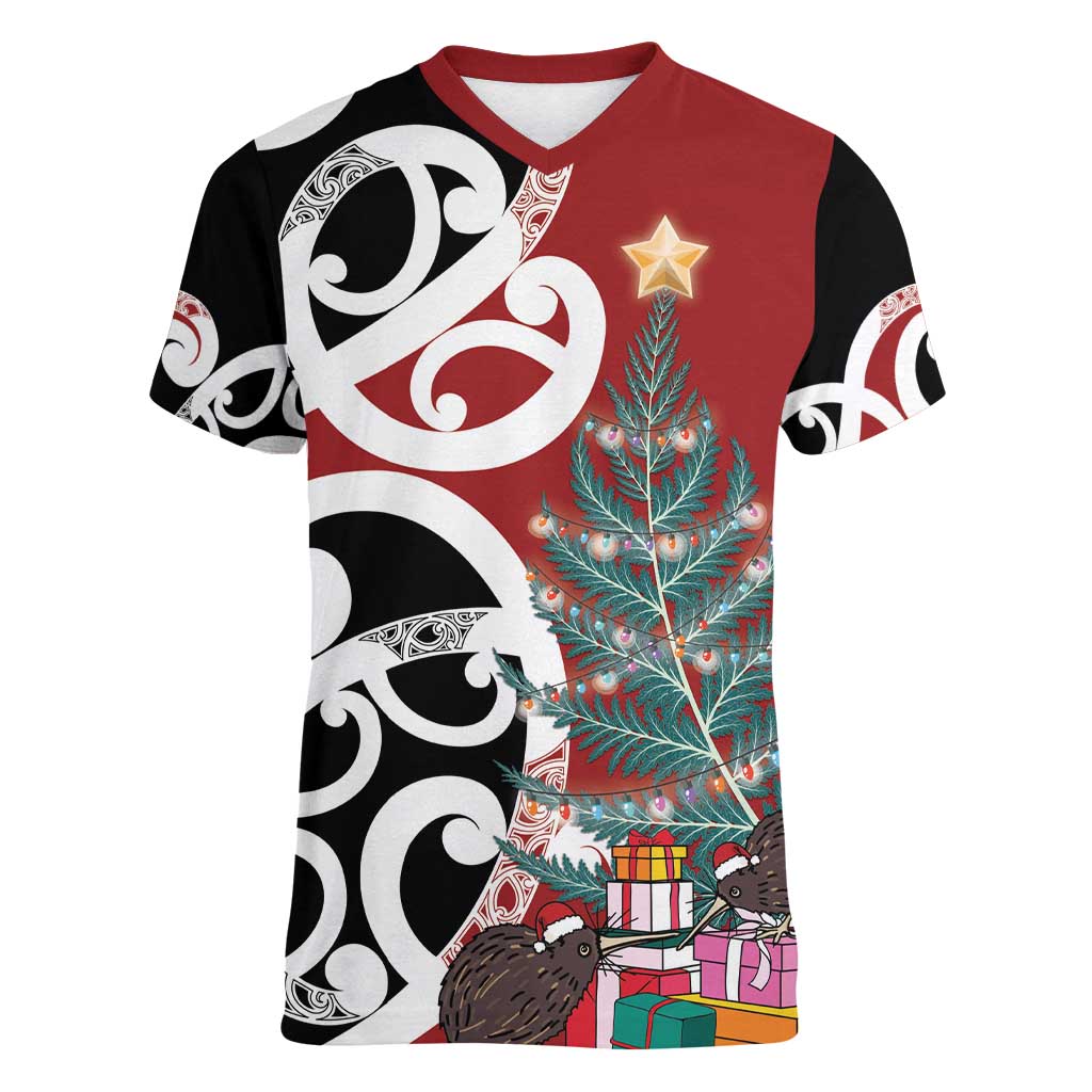 New Zealand Silver Fern Christmas Tree Women V-Neck T-Shirt Meri Kirihimete - Polynesian Pride