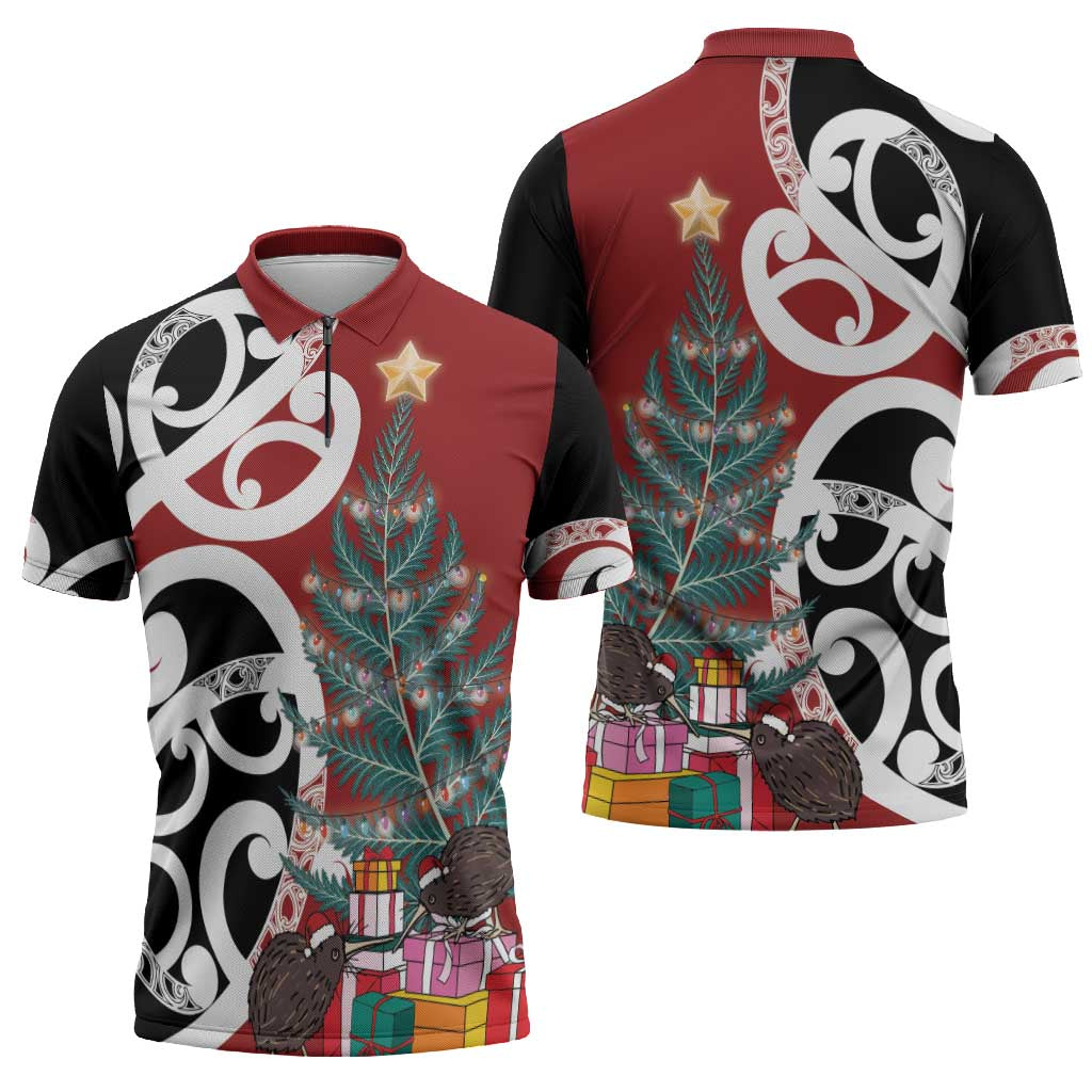 New Zealand Silver Fern Christmas Tree Zipper Polo Shirt Meri Kirihimete - Polynesian Pride