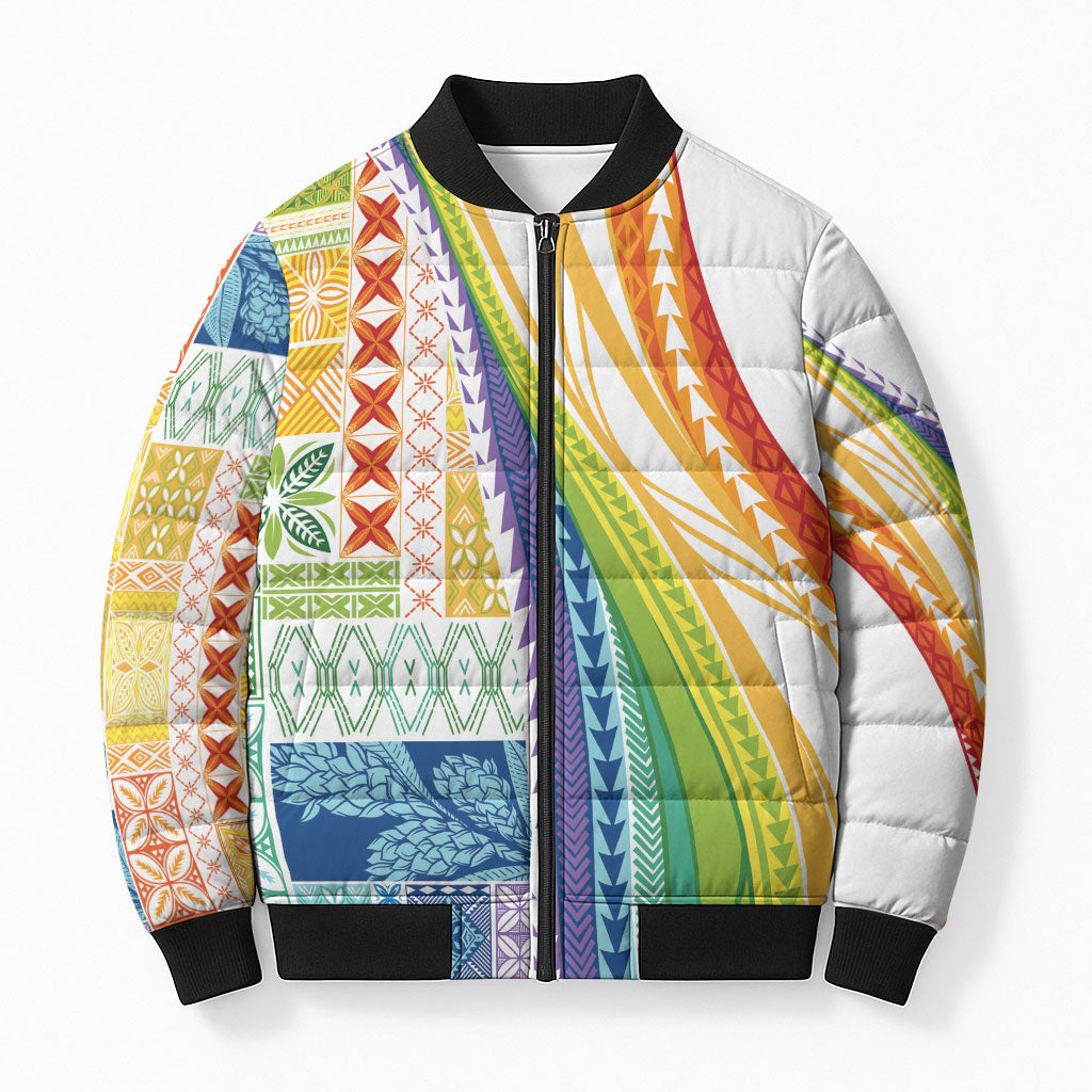 Pasifika Samoa Siapo Malu Tattoo Inspired Bomber Puffer Jacket Fa'afafine Rainbow Theme LT7 Unisex Multicolor - Polynesian Pride