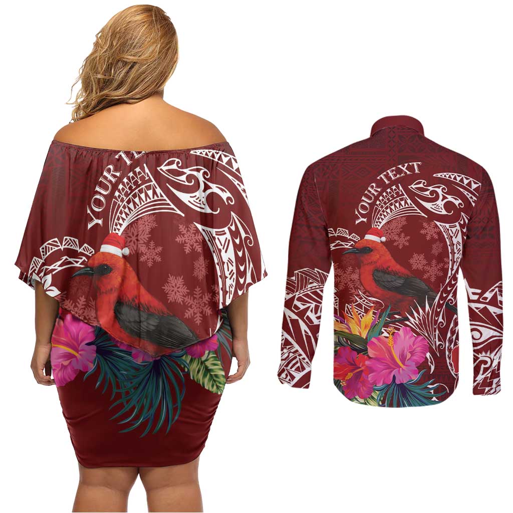 Personalized Samoa Meri Krisimasi Couples Matching Off Shoulder Short Dress and Long Sleeve Button Shirt Segasegamau'u Mix Siapo