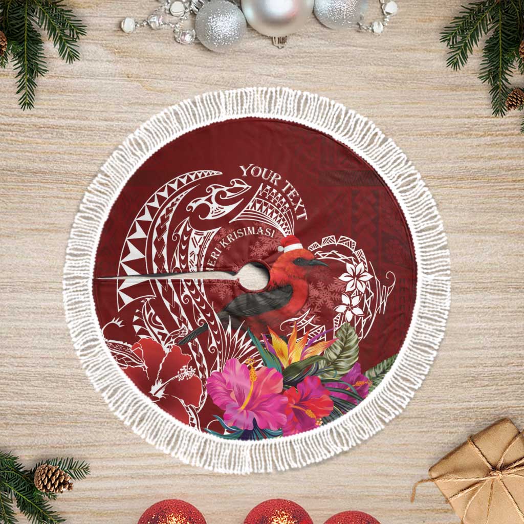 Personalized Samoa Meri Krisimasi Tree Skirt Segasegamau'u Mix Siapo LT7 Fringed Red - Polynesian Pride