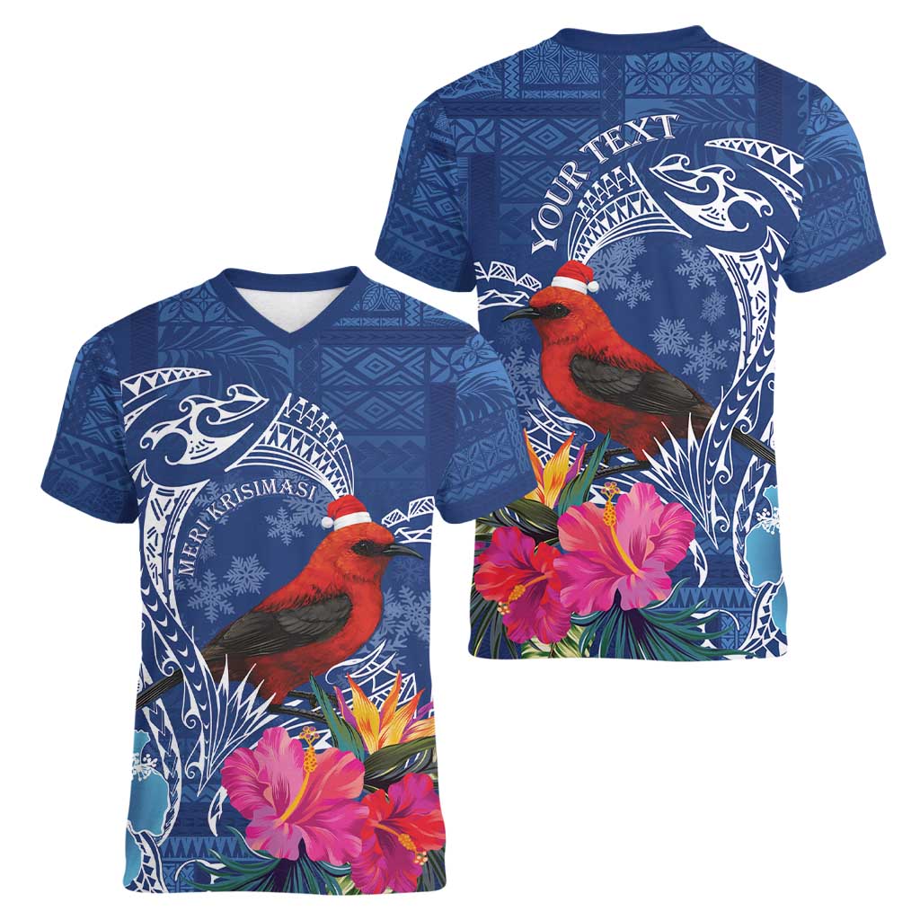 Personalized Samoa Christmas Women V-Neck T-Shirt Cardinal Honeyeater Mix Siapo