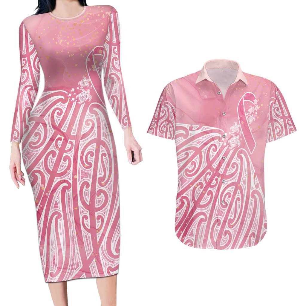Breast Cancer Awareness Maori Couples Matching Long Sleeve Bodycon Dress and Hawaiian Shirt Kia Kaha Kia Maia Kia Manawanui - Polynesian Pride