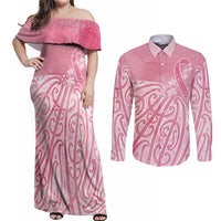 Breast Cancer Awareness Maori Couples Matching Off Shoulder Maxi Dress and Long Sleeve Button Shirt Kia Kaha Kia Maia Kia Manawanui - Polynesian Pride